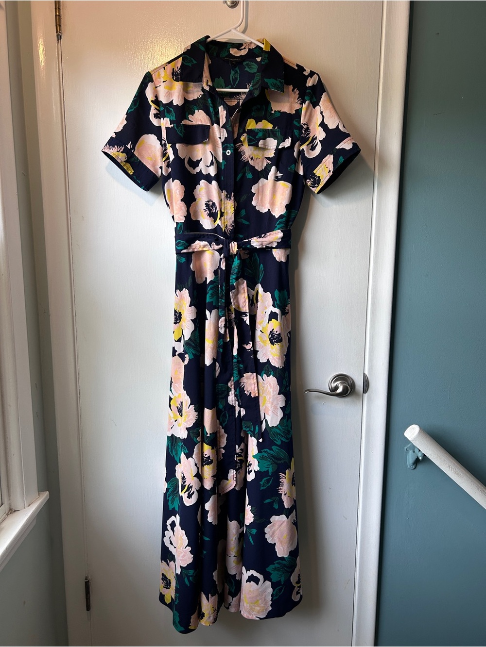 Banana Republic Navy Floral Maxi Shirt Dress with Tie Waist